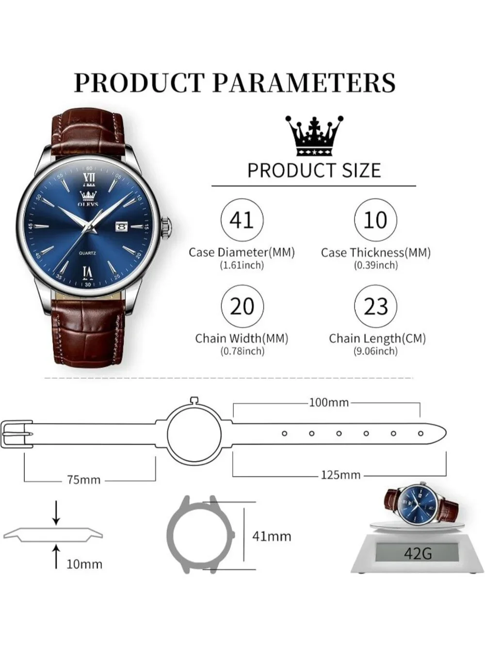 Men's Blue Brown Leather Band Waterproof Relog Para Hombres Classic Wrist Watch